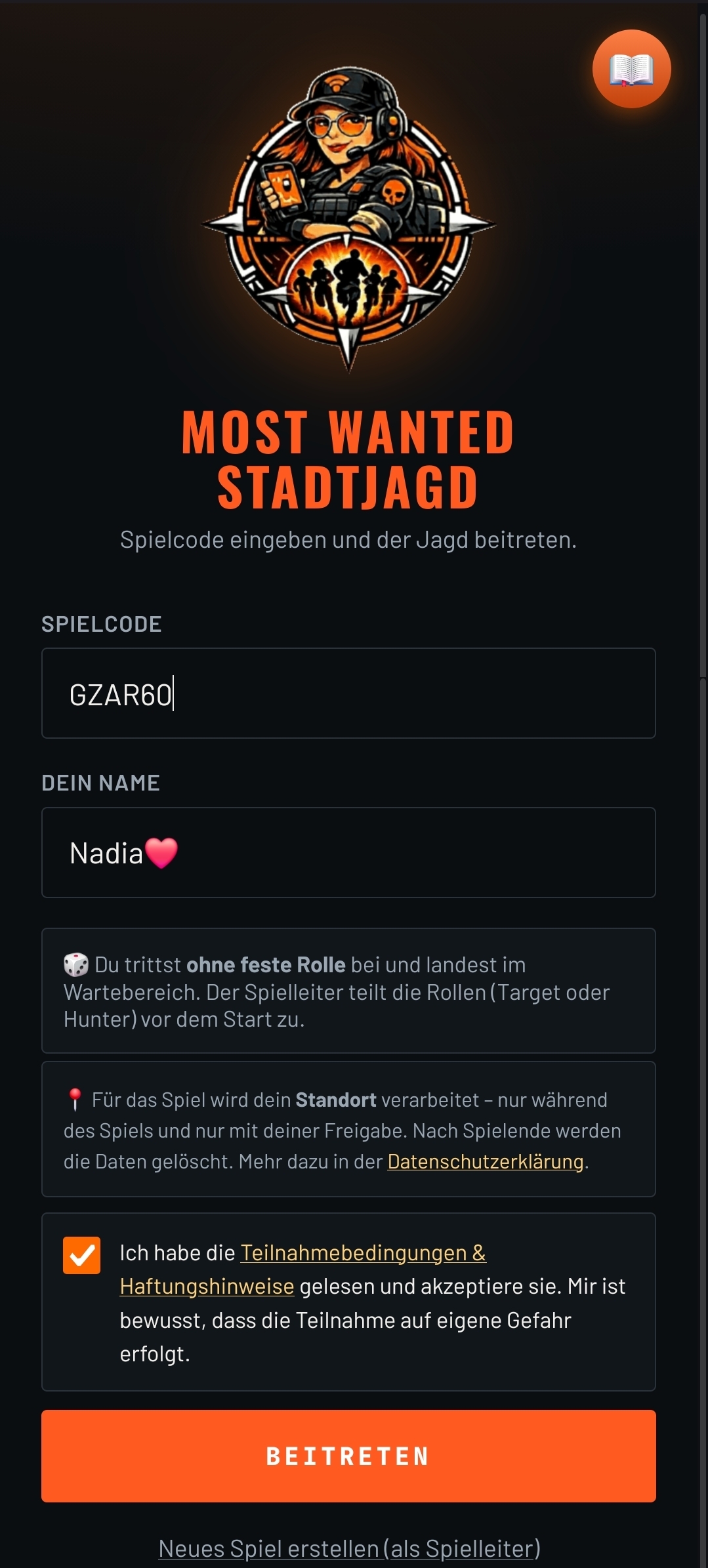 App-Screen: Spielcode und Name eingeben, um beizutreten